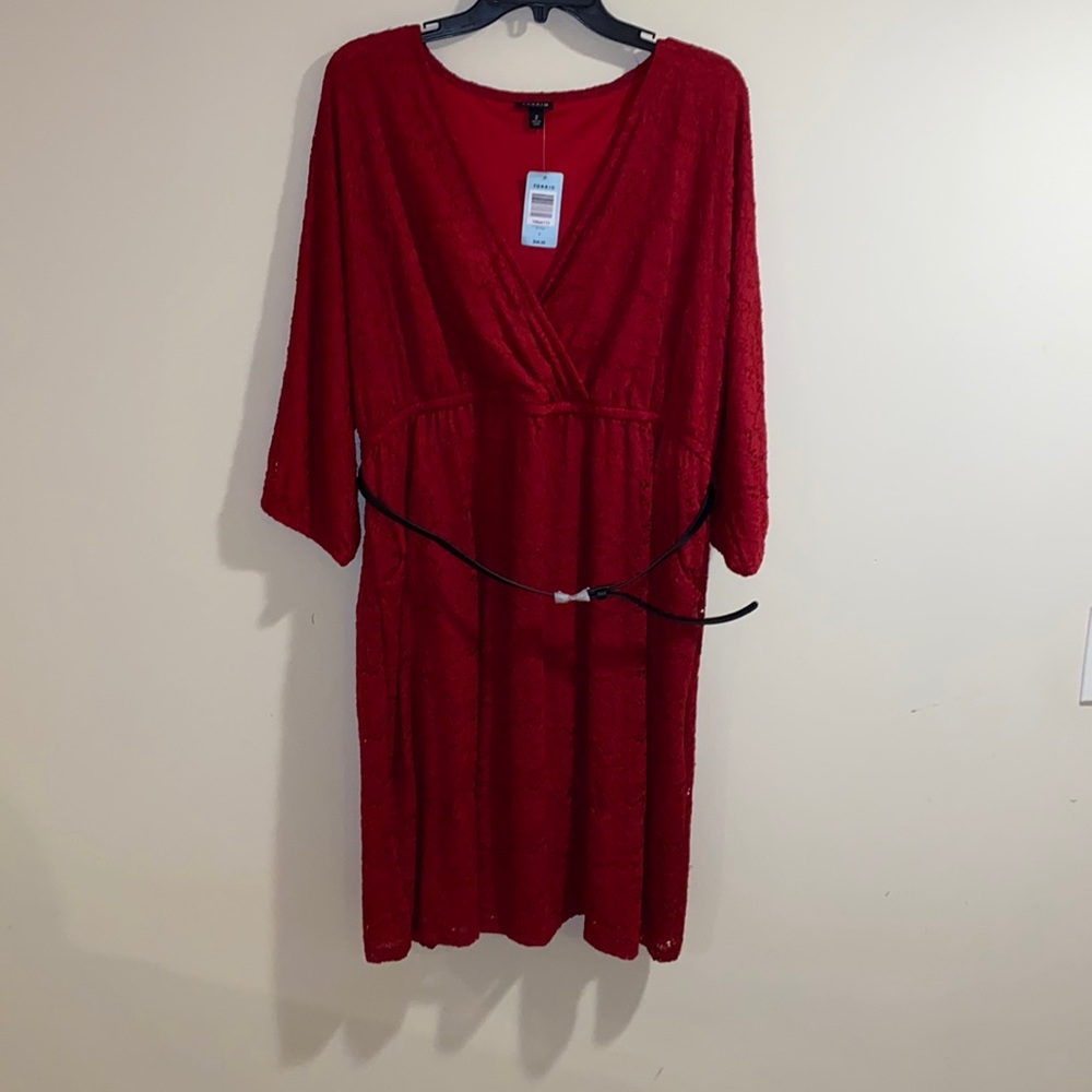 Torrid Red Lace Dress w/Belt & pockets. 2X New w/tags